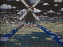 Mühle, Holland (Mill in Holland) (1904) van Wassily Kandinsky: landschap met molen, veld, bloemen en wolken, in bont blauw en groen