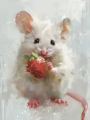 Wit muisje met een aardbei