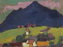 Murnau, 1910 van Alexej von Jawlensky: landschap met berg, huizen, velden en expressionistisch, in blauw met roze en geel