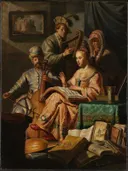 Musical Company van Rembrandt van Rijn: figuren met muziek, gezelschap, interieur en luit, in warm bruin met rood