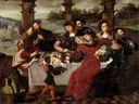 Musicerend gezelschap rond een tafel in een tuin, Atelier van Ambrosius Benson: figuren met kasteel, kinderen en vrouwen