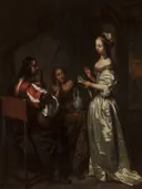 Musicerend gezelschap van Caspar Netscher: interieur met muziek, gezelschap, satijnen jurk en kamer, in donker met creme