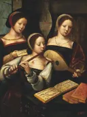 Musicerend gezelschap van Meester van de Vrouwelijke Halffiguren: figuren met vrouwen, muzikanten en partituur