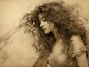 Sepia tekening van een vrouw bij een harp met muzieknoten