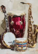Stilleven met banjo, saxofoon en trommels