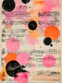 Popart schilderij met gekleurde cirkels over een achtergrond van muzieknoten