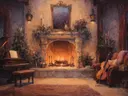 Schilderij van een muzieksalon met piano en cello bij de haard