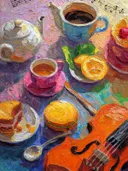 Theetafel met viool, gebak en bladmuziek, olieverfschilderij