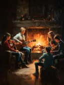 Schilderij van muzikanten bij een brandende openhaard