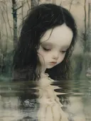 Meisje met donker haar kijkt naar haar spiegelbeeld in het water