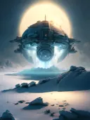 Alien moederschip boven een ijslandschap
