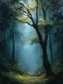 Schilderij van een eenzame boom in een mystiek bos
