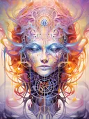 Surrealistisch kleurrijk vrouwengezicht met mechanische details en derde oog