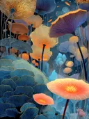 Schilderij van een gedetailleerd onderwaterwoud met koraalvormige bloemen