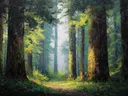 Schilderij van een lichtstraal die door een donker bos schijnt