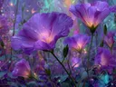 Schilderij van gloeiende paarse bloemen met vlinders in een sprookjesachtig bos