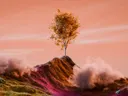 Surrealistisch beeld van een eenzame boom op een heuvel omgeven door roze en oranje gekleurde mist.
