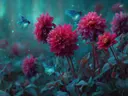 Schilderij van roze dahlia's met blauwe vlinders in een turkooizen sprookjestuin