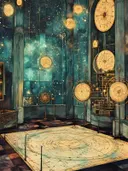 Interieur van een fantasievol observatorium met ronde sterrenkaarten, zuilen en een sterrenhemel plafond.