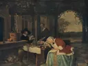 Na de maaltijd van Jan Steen: figuren met slapende vrouw, man, tafel en doorkijk, in gedempt bruin met blauw