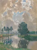 Na het onweer (Après l'orage), 1922 van Emile Claus: landschap met bomen, water, wolken en rivier, in licht grijsgroen