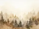Waterverf landschap van een naaldbos in herfsttinten met een berg op de achtergrond.