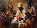 Familie rondom een pasgeboren baby tijdens een ceremonie