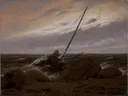 Naar de storm van Caspar David Friedrich: zee met wrak, strand, storm en zee, in gedempt grijsbruin