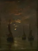 Nacht met maanlicht van Hendrik Willem Mesdag: zee met nacht, maanlicht, schepen en zee, in donker bruin en grijs