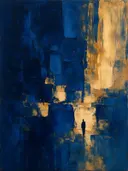Abstract schilderij met het paletmes in nachtblauw en goud