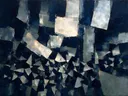 Abstract schilderij met het paletmes in nachtblauw en zilver
