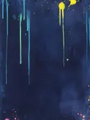 Abstract schilderij met gele en teal verfdruppels op een donkerblauwe achtergrond
