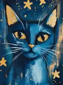 Donkerblauwe kat met gouden ogen en gouden sterren op een nachtblauwe achtergrond