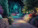 Schilderij van een nachtelijk tuinpad met een rozenmuur en gloeiend licht
