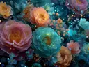 Schilderij van een dicht bloementapijt in juweelkleuren bij nacht.