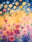Aquarel bloemenveld met gele, witte en roze bloemen tegen een donkerblauwe achtergrond met gouden sterretjes