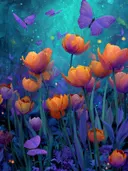 Schilderij van oranje tulpen met vlinders in een donkere sterrennacht