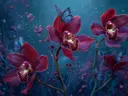 Schilderij van rode orchideeën met vlinders tegen een sterrenhemel