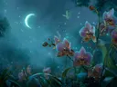 Schilderij van paarse orchideeen onder een sterrenhemel met wassende maan