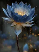 Schilderij van een blauwe nachtlotus met druipend goud in het donker