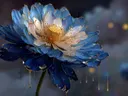Schilderij van een blauwe nachtlotus met gouden druppels.