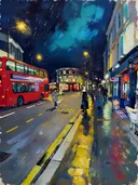 Natte straat bij nacht in kleurrijk modern, schilderij