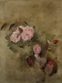 (Nature morte au bouquet de fleurs2024 CKS 22681 0062) van Jean-Baptiste-Camille Corot: bloemen met rozen, klaprozen, bloemen en bladeren, in roze en warm bruin
