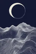 Wassende maan boven een marineblauwe berg van lijntekeningen