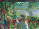 Near the Lake van Pierre-Auguste Renoir: figuren met vrouw, man, meer en bladeren, in groen en blauw