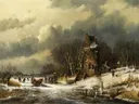 Nederlandse landschap met figuren van Andreas Schelfhout: landschap met sneeuw, winter, huis en figuren, in gedempt grijsbruin met wit