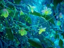 Schilderij van bloemen met neon-gekleurde aders in een donker bos