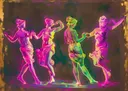Kunstwerk van klassieke dansende standbeelden uitgelicht in roze, geel en groen neon