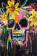 Schilderij van een neonkleurige schedel omringd door gele zonnebloemen op zwarte achtergrond