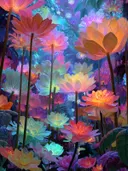 Schilderij van een vijver vol neonkleurige lotusbloemen in de jungle